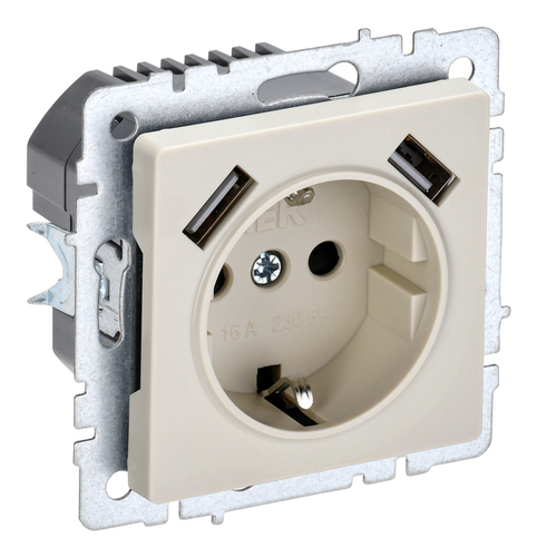 Розетка с 2xUSB IEK BRITE, скрытый монтаж, с заземлением, со шторками, бежевый, BR-R14-16-U21-D21-K10