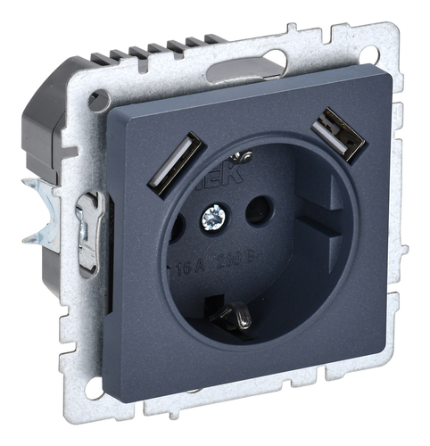 Розетка с 2xUSB IEK BRITE, скрытый монтаж, с заземлением, со шторками, маренго, BR-R14-16-U21-D31-K35