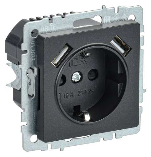Розетка с 2xUSB IEK BRITE, скрытый монтаж, с заземлением, со шторками, черный, BR-R14-16-U21-D31-K02