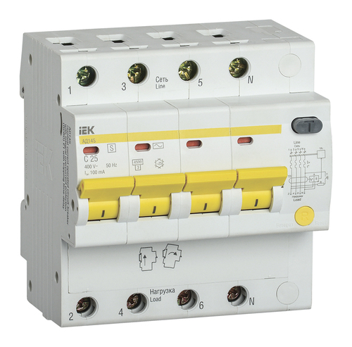Дифавтомат IEK АД14S 4P 25А (C), 100 мА (S), MAD13-4-025-C-100