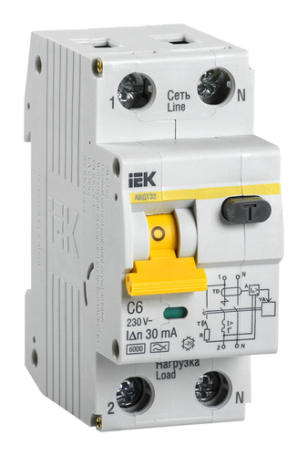 Дифавтомат IEK АВДТ 32 1P+N 6А (C) 6 кА, 30 мА (A), MAD22-5-006-C-30