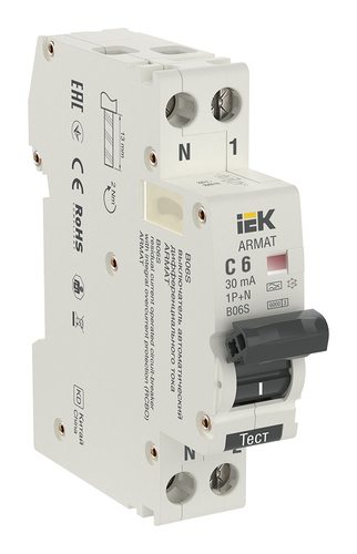 Дифавтомат IEK ARMAT 1P+N 6А (C) 6 кА, 30 мА (A), AR-B06S-1N-C06A030
