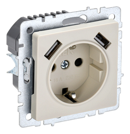 Розетка с 2xUSB IEK BRITE, скрытый монтаж, с заземлением, со шторками, бежевый, BR-R14-16-U21-D21-K10