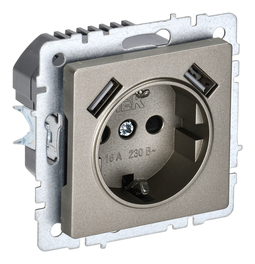 Розетка с 2xUSB IEK BRITE, скрытый монтаж, с заземлением, со шторками, шампань, BR-R14-16-U21-D31-K37