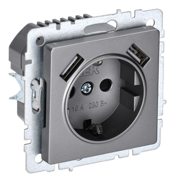 Розетка с 2xUSB IEK BRITE, скрытый монтаж, с заземлением, со шторками, сталь, BR-R14-16-U21-D31-K46