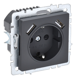 Розетка с 2xUSB IEK BRITE, скрытый монтаж, с заземлением, со шторками, графит, BR-R14-16-U21-D31-K53