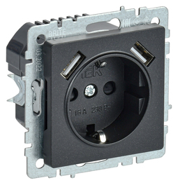 Розетка с 2xUSB IEK BRITE, скрытый монтаж, с заземлением, со шторками, черный, BR-R14-16-U21-D31-K02