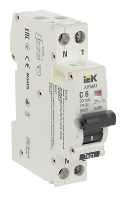 Дифавтомат IEK ARMAT 1P+N 6А (C) 6 кА, 30 мА (AC), AR-B06S-1N-C06C030