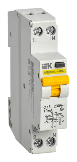 Дифавтомат IEK KARAT 1P+N 16А (C), 10 мА (AC), MVD12-1-016-C-010