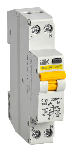 Дифавтомат IEK KARAT 1P+N 32А (C), 100 мА (AC), MVD12-1-032-C-100